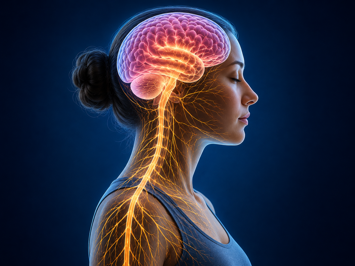 Illustration of the nervous system pathways from the brain through the neck